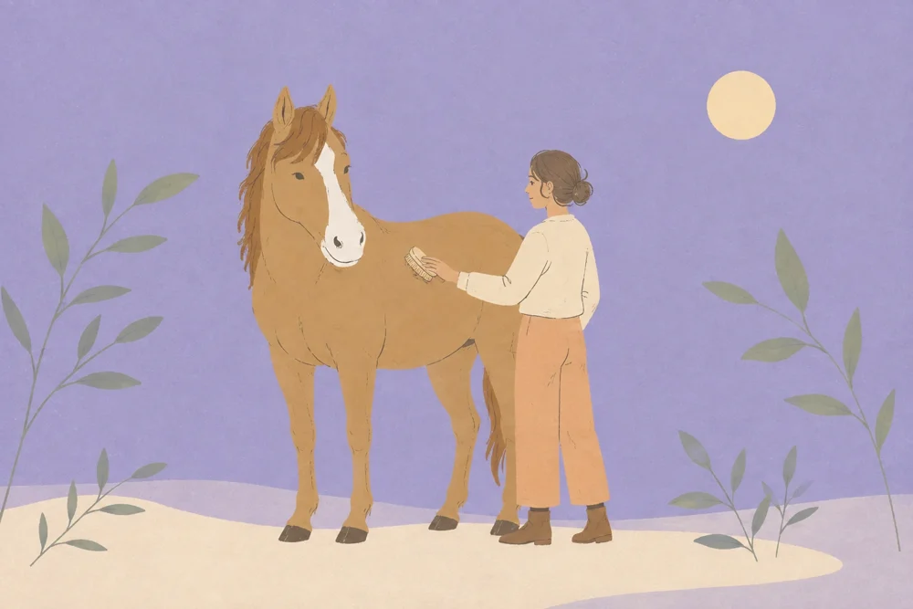 A quiet moment grooming a chestnut horse